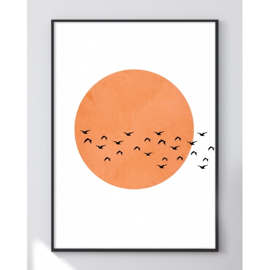 Autorski Plakat z Motywem Natury Słońce i Ptaki (50x70)